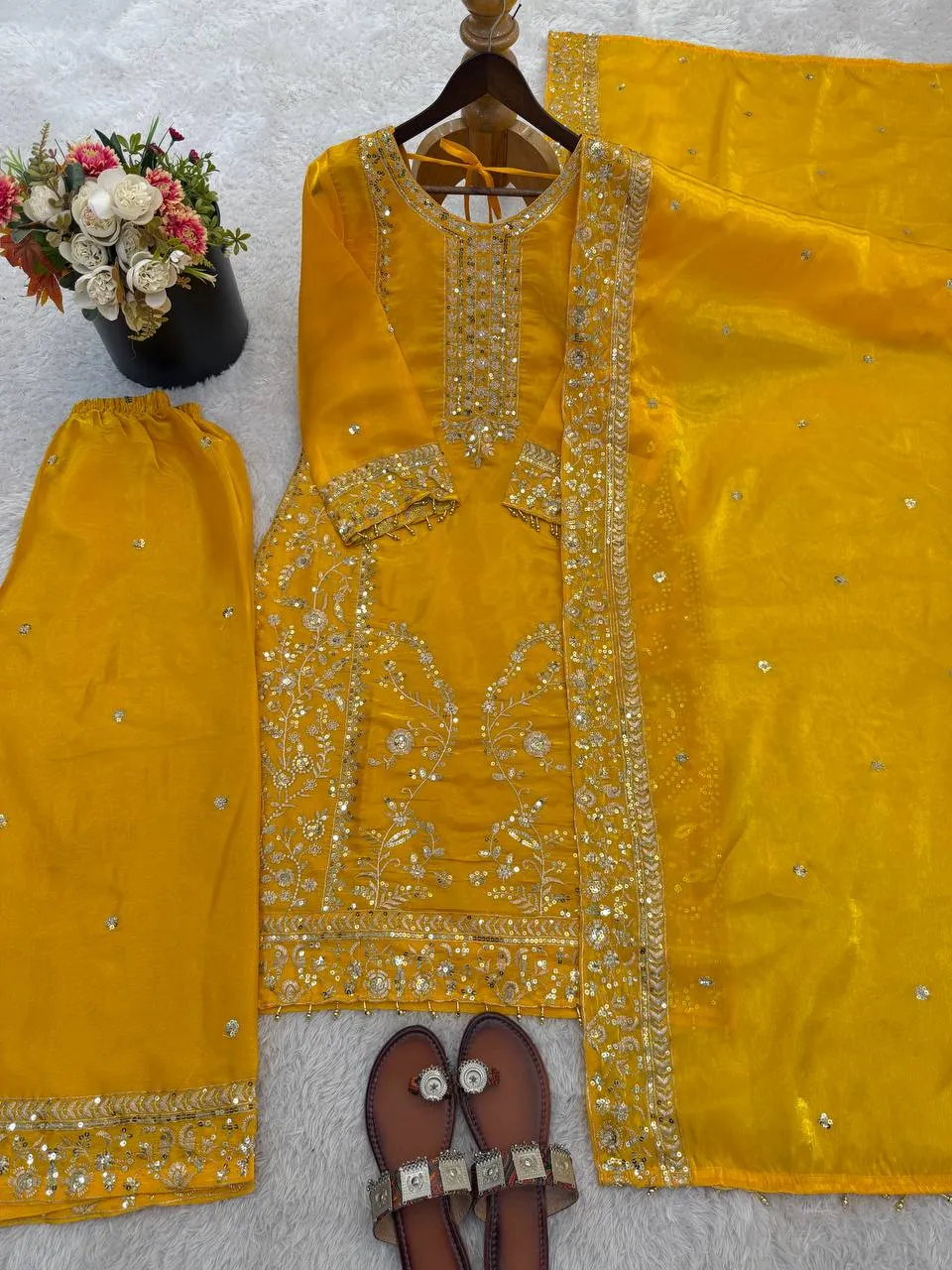 Sabina 5331 Yellow Gmy Silk Embroidery Sequence Readymade Dress