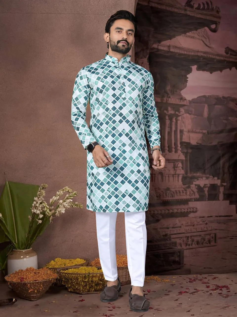 Shyam Cotton Kurta Pajama Printed Sequence Embroidery Work