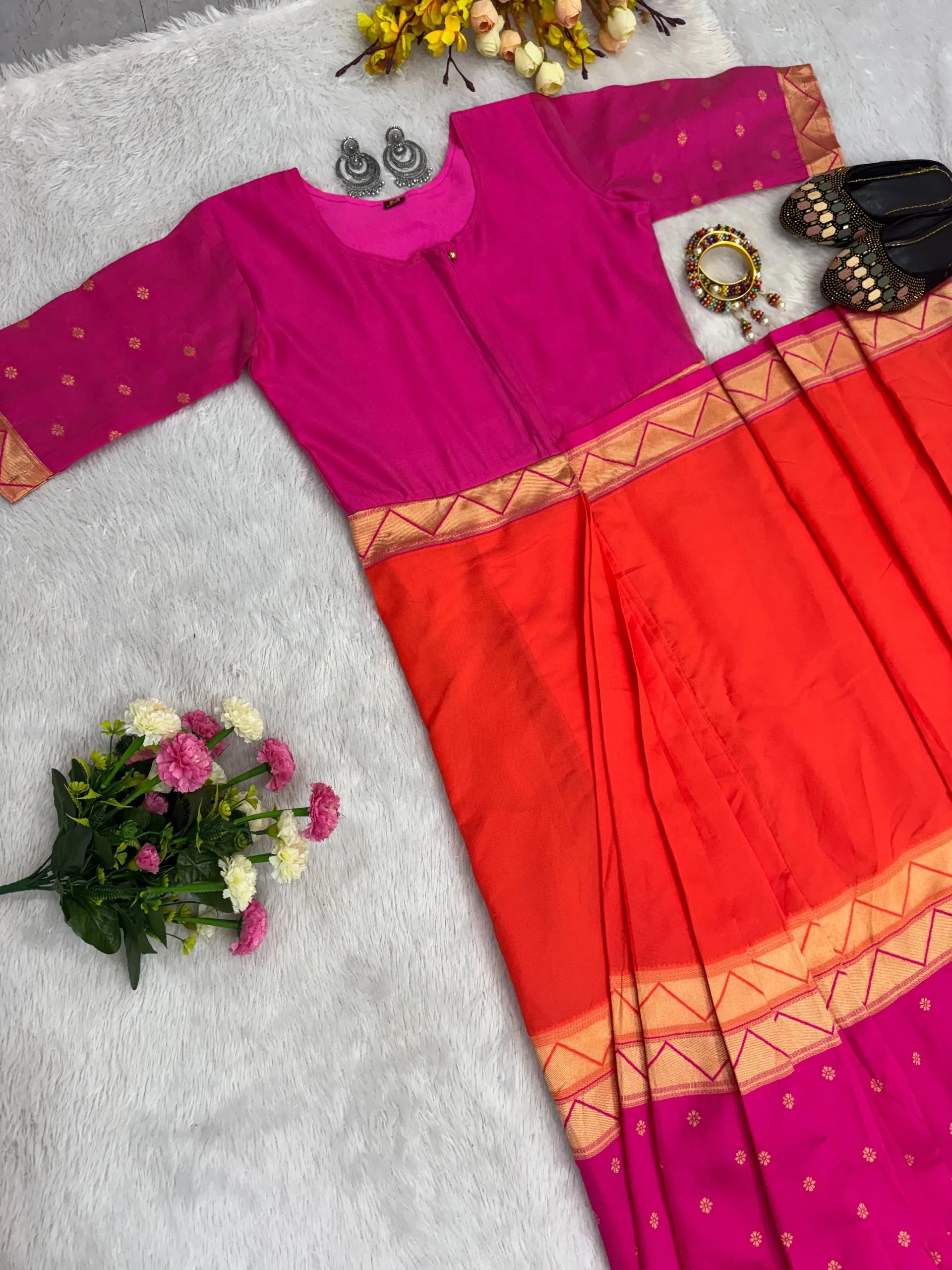 SGT 237 Mysore Silk Double Tone Orange Readymade Zip And Go Gown Saree