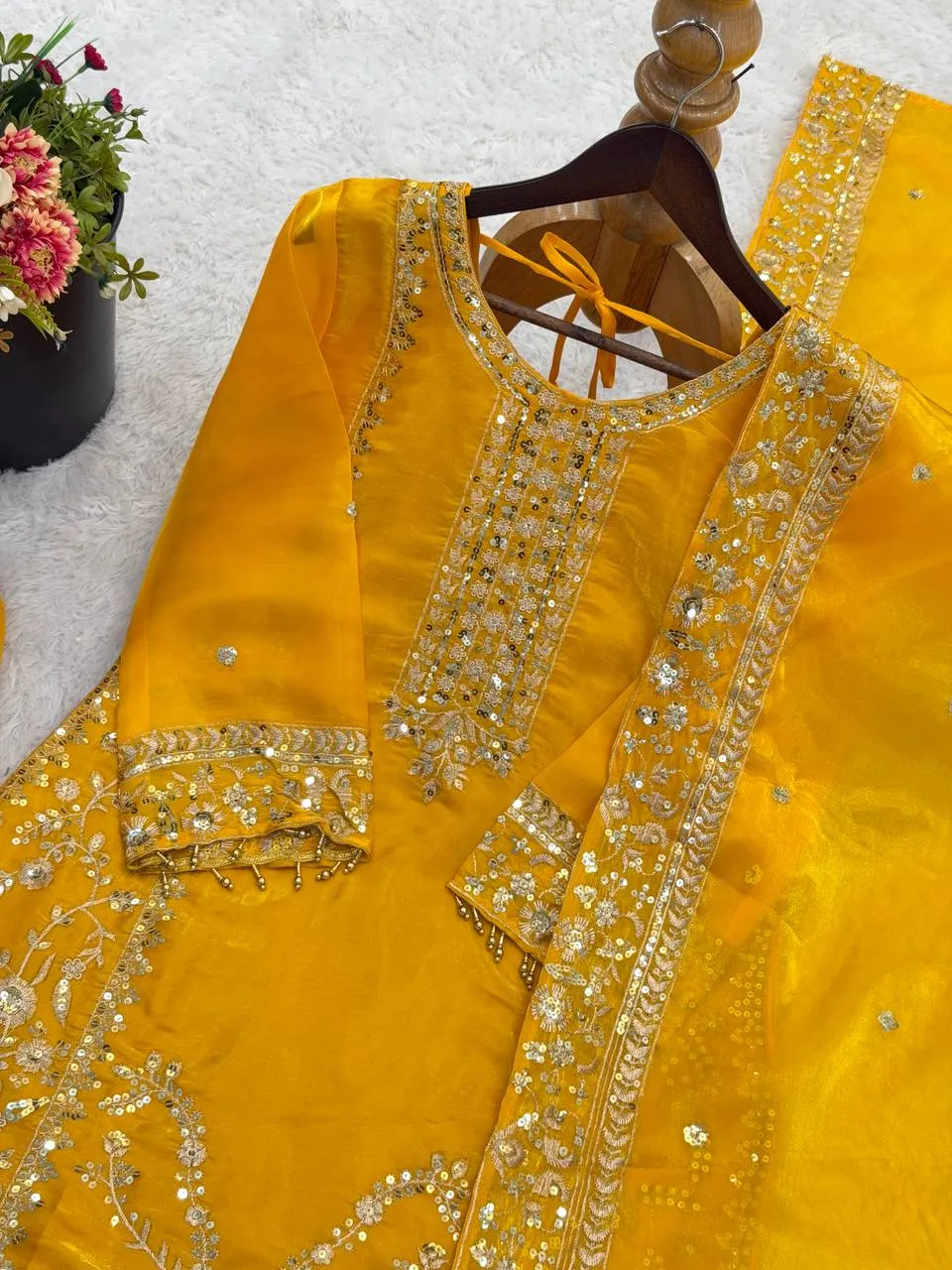 Sabina 5331 Yellow Gmy Silk Embroidery Sequence Readymade Dress
