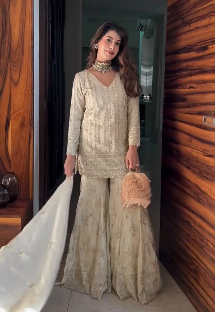 Sabina 1689 Cream Faux Georgette Embroidery Readymade woman Dress