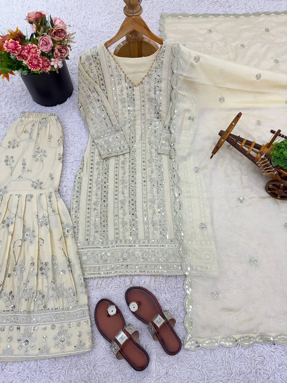 Sabina 1689 Cream Faux Georgette Embroidery Readymade woman Dress
