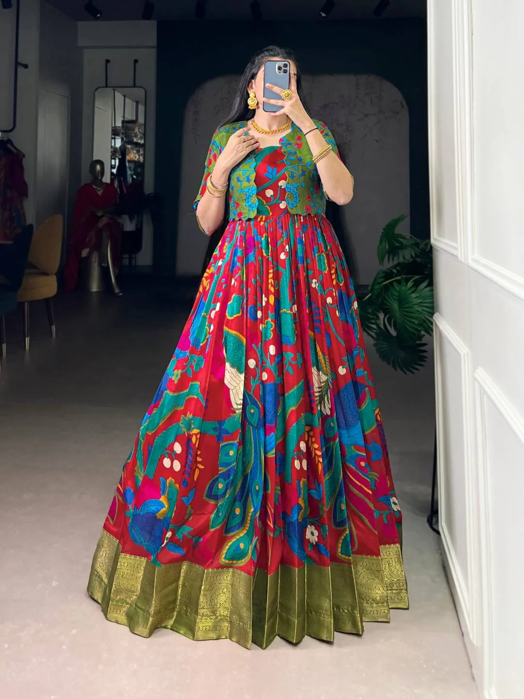 WMN 5035 Tasar Silk Kalamkari Printed Festive Gown