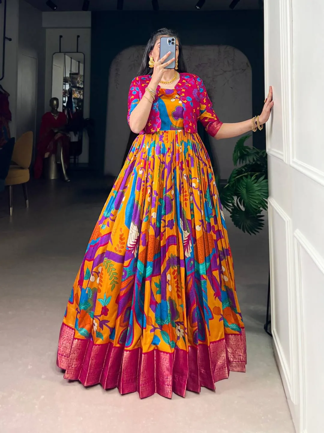WMN 5035 Tasar Silk Kalamkari Printed Festive Gown