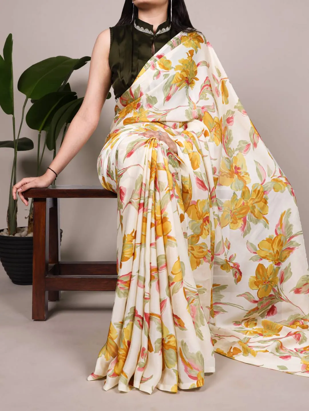 WMN 7008 Satin Silk Floral Printed Saree for woman