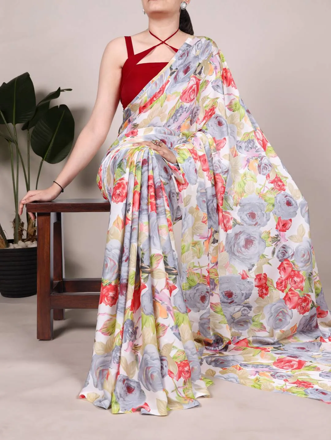 WMN 7017 Dull Satin Floral Printed Saree for woman