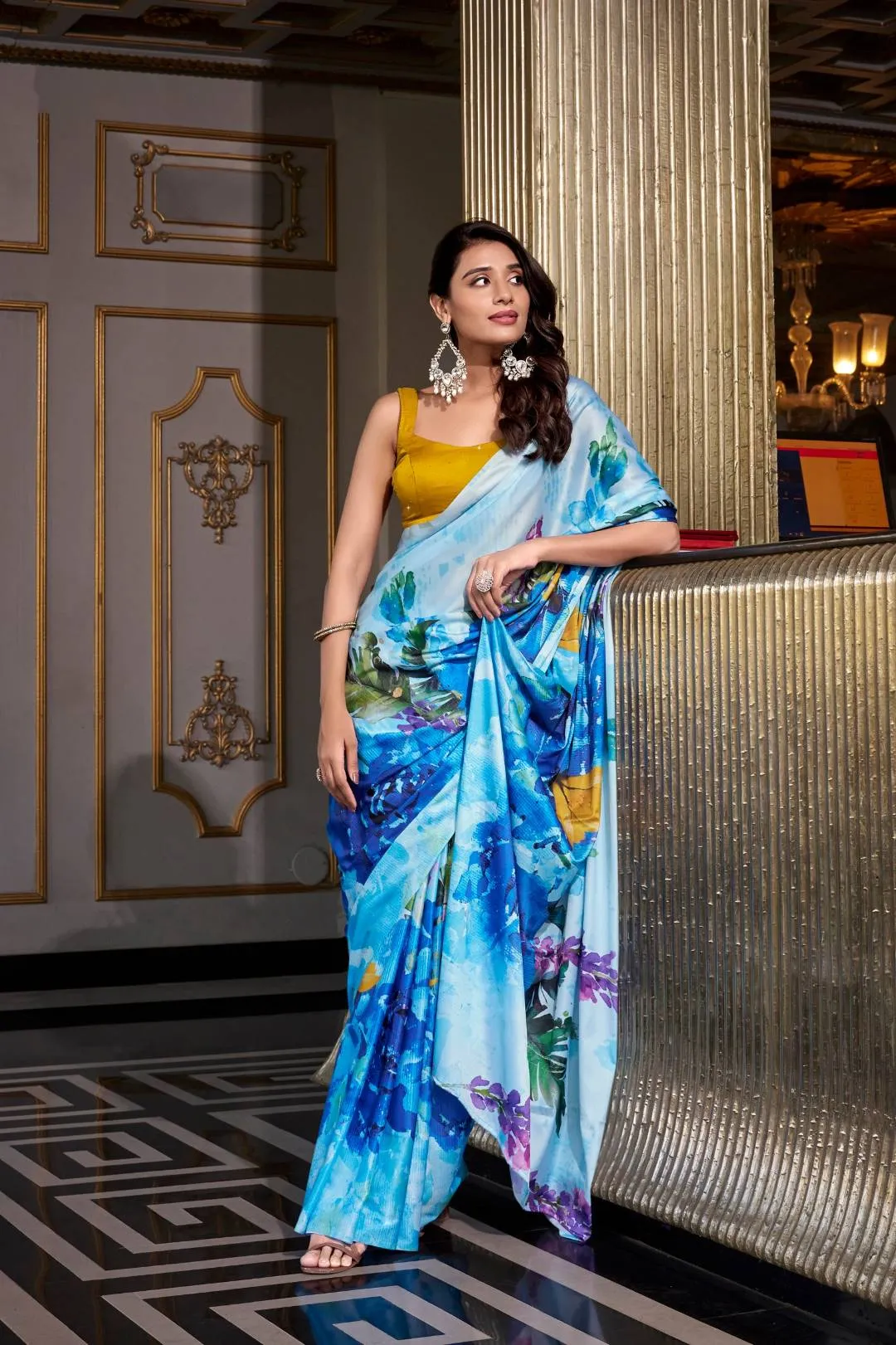 WMN 7026 Satin Silk Printed Party Wear Saree