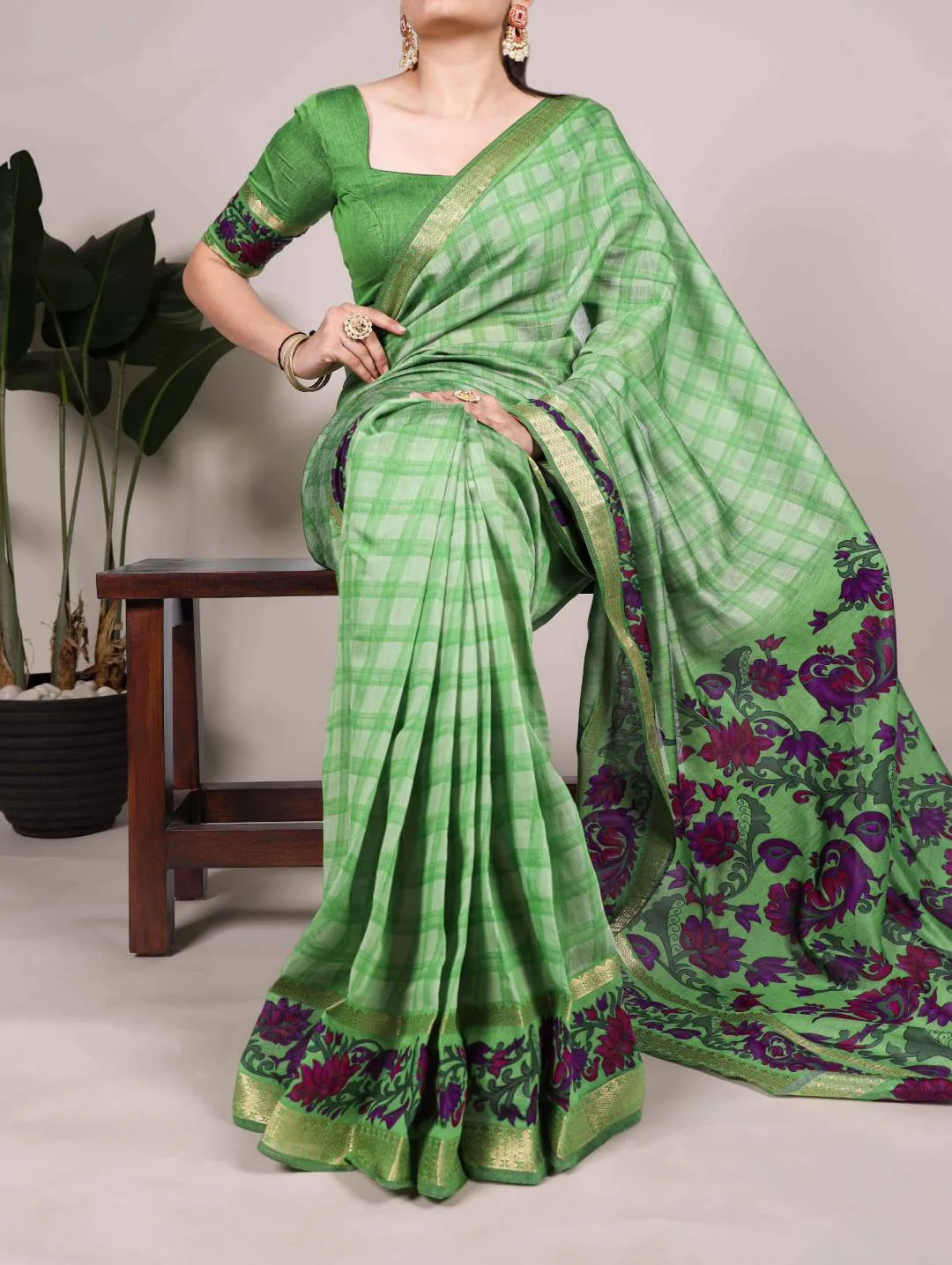 WMN 7035 Viscose Chanderi Printed Zari Weaving Work Saree