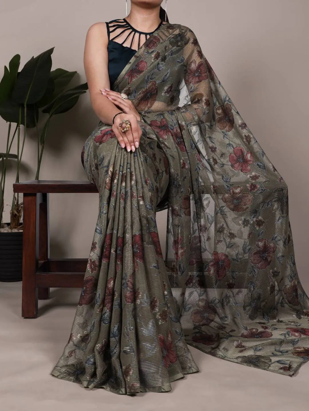 WMN 7051 Lurex Brasso Floral Viscose Brasso Festive Saree