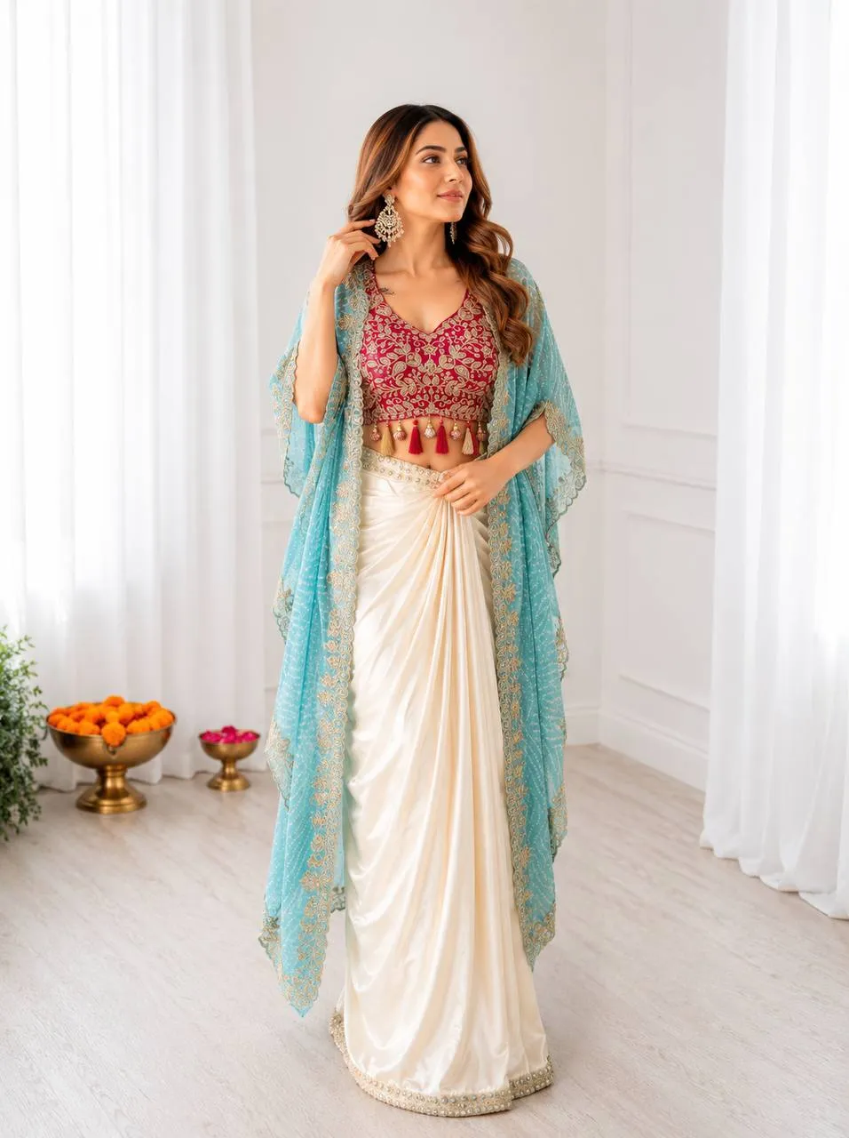BDB 48 Crepe Silk Embroidery Blouse Dhoti Shrug Set Indo Western In India for woman