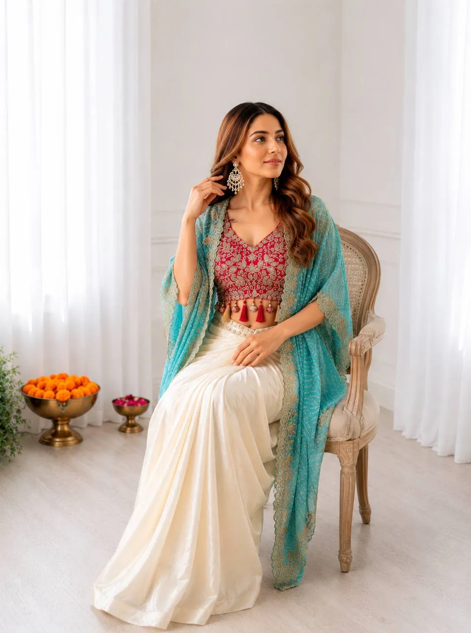 BDB 48 Crepe Silk Embroidery Blouse Dhoti Shrug Set Indo Western In India for woman