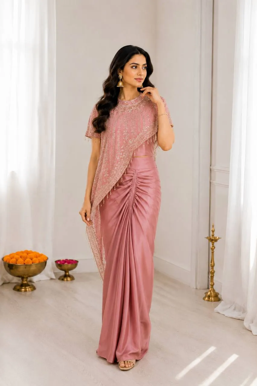 BDB 71 Pink Crepe Silk Indo Western Saree with Heavy Sequins Embroidery Cape Blouse Designer Party Wear Saree for Women