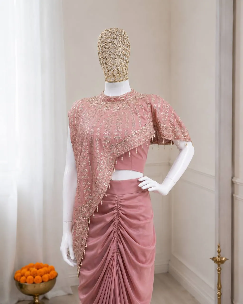 BDB 71 Pink Crepe Silk Indo Western Saree with Heavy Sequins Embroidery Cape Blouse Designer Party Wear Saree for Women