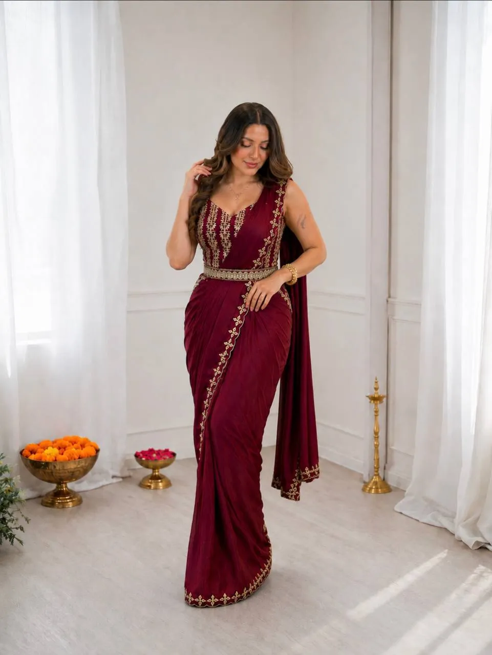 BDB 74 Crep Silk Festival Embroidery Ready To Wear Saree for woman