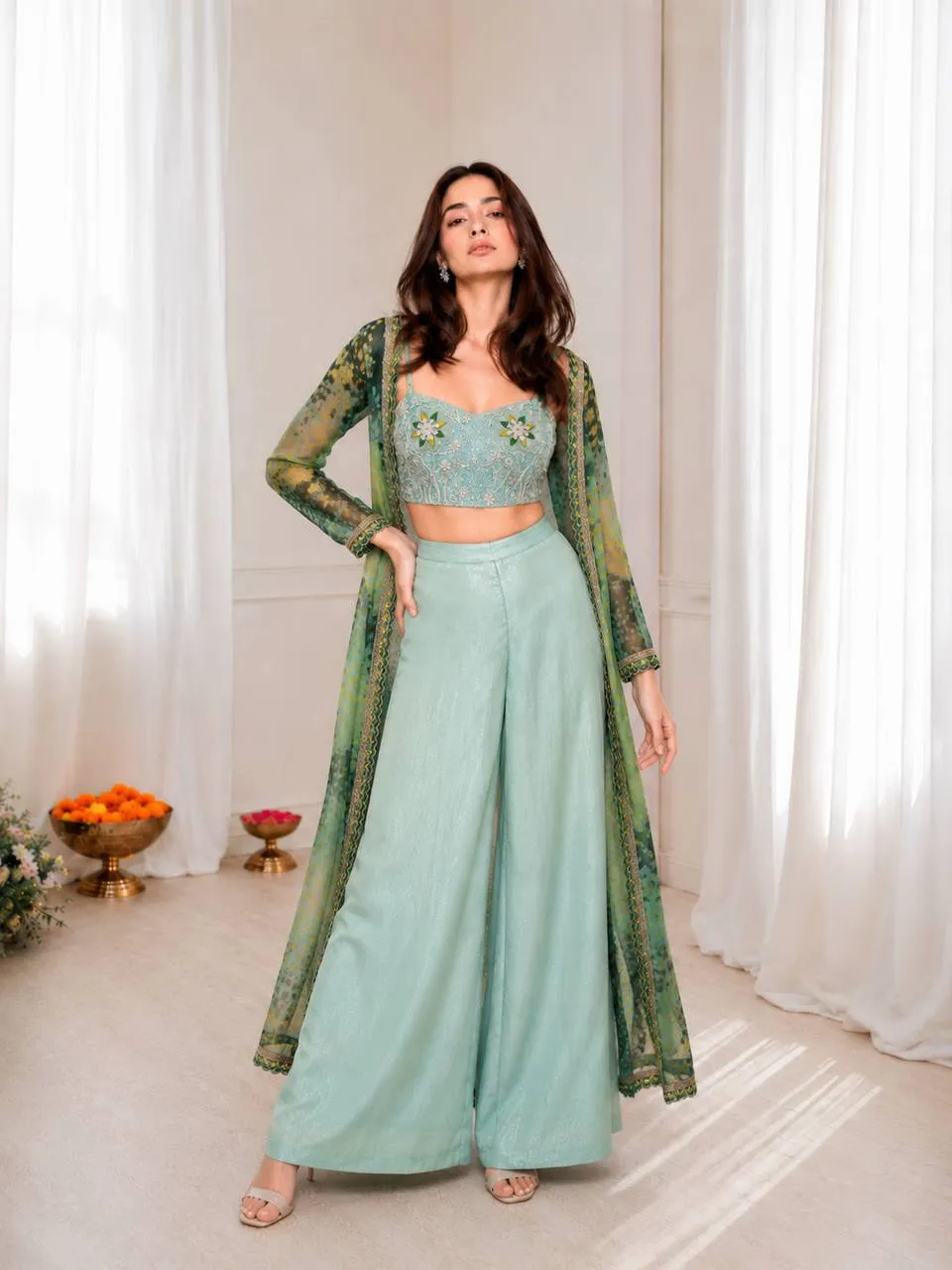 BDB 76 Georgette Embroidery Plazzo Set With Shrug Indo Western
