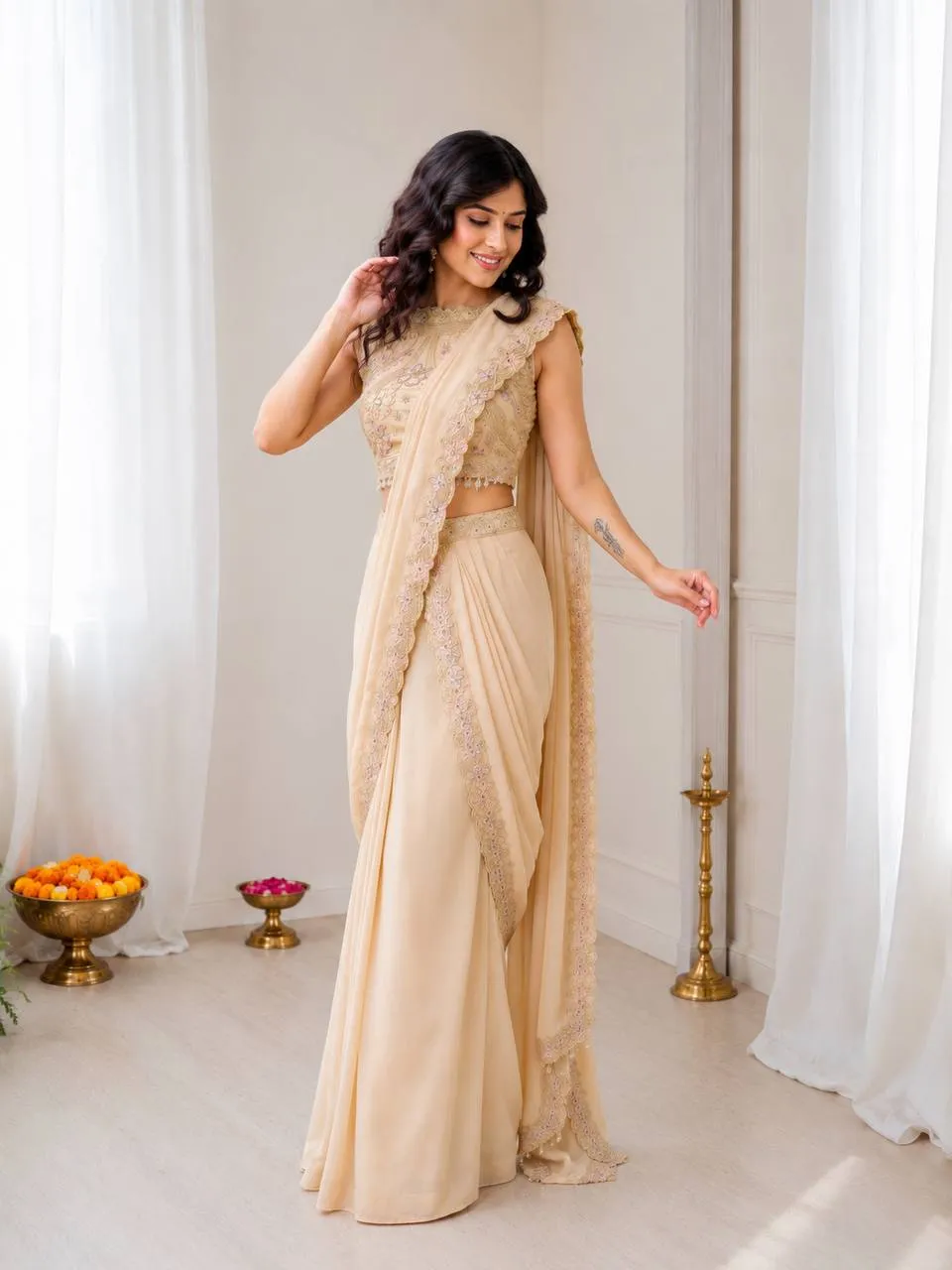BDB 77 Cream Georgette Ready to Wear Saree with Heavy Embroidered Designer Blouse Wedding & Party Wear Saree