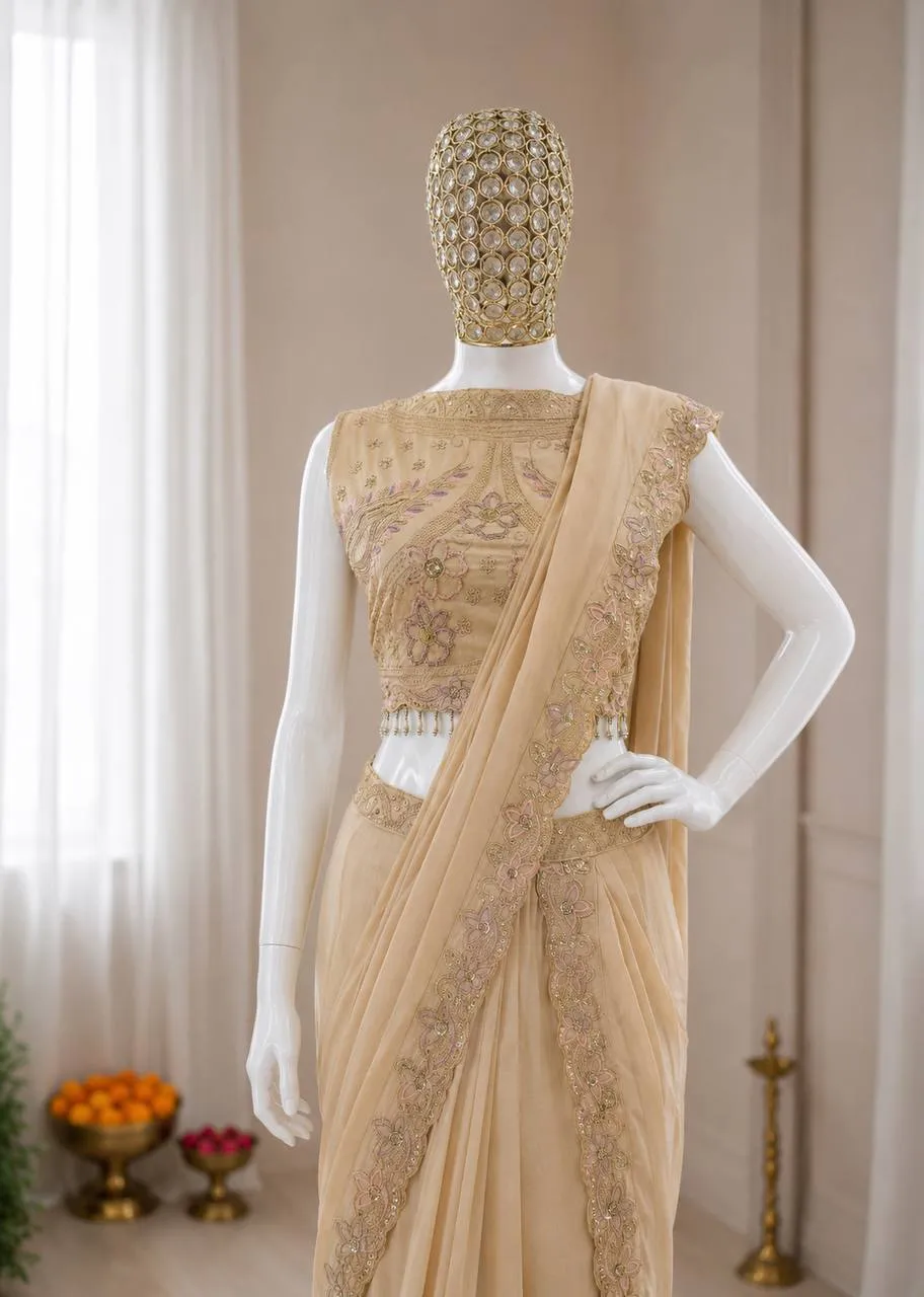 BDB 77 Cream Georgette Ready to Wear Saree with Heavy Embroidered Designer Blouse Wedding & Party Wear Saree