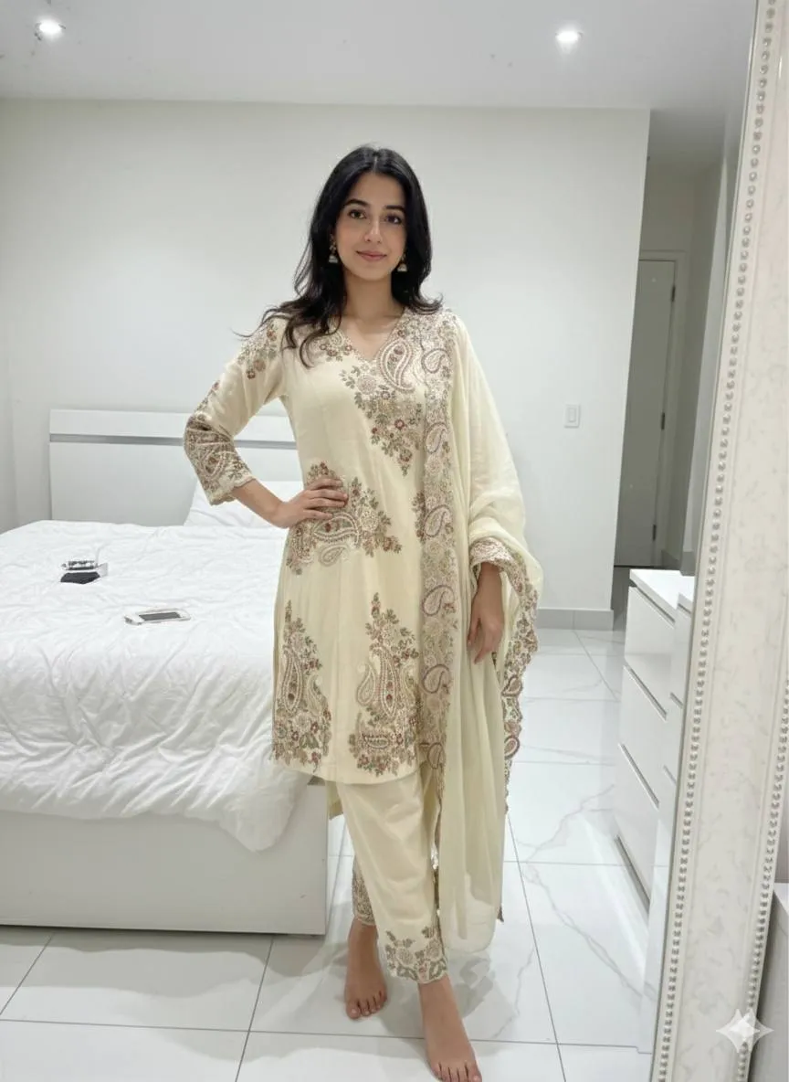 BV 449 Fendy Silk White Kurti Pant With Dupatta Sequence Embroidery Work for woman