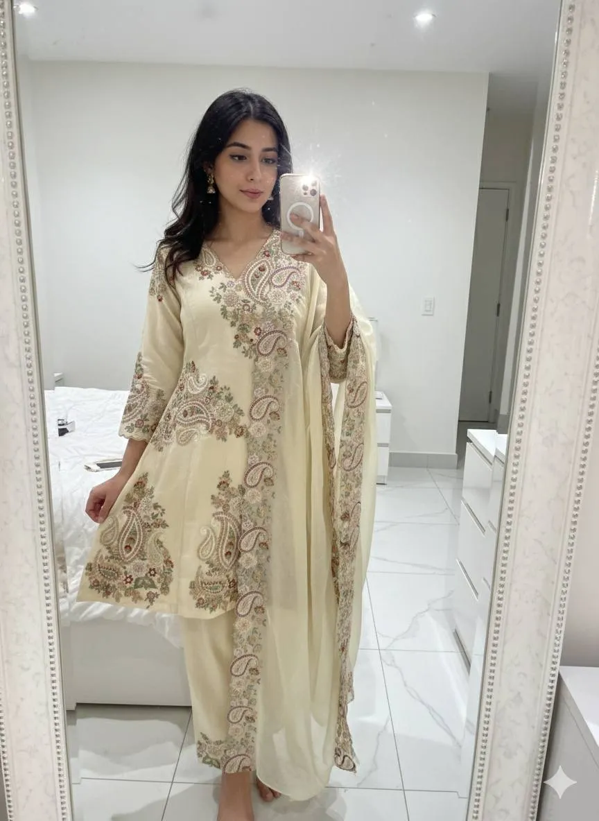 BV 449 Fendy Silk White Kurti Pant With Dupatta Sequence Embroidery Work for woman