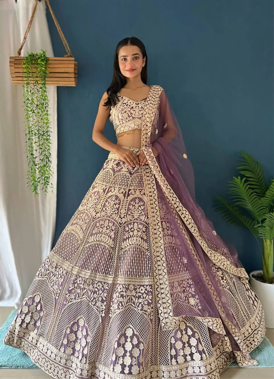 DKT 5018 Lavender Net Sequins Embroidery Wedding Lehenga Choli with Designer Dupatta