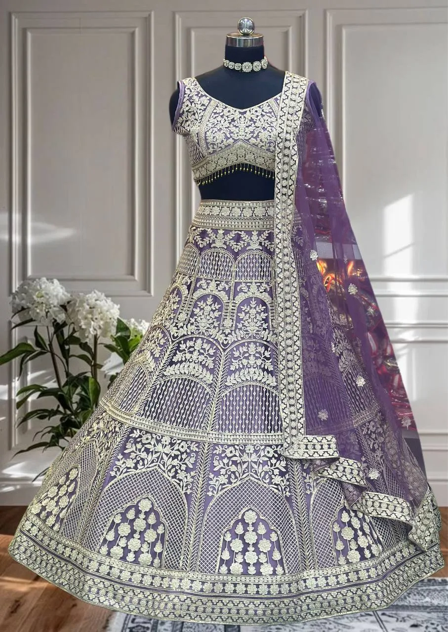 DKT 5018 Lavender Net Sequins Embroidery Wedding Lehenga Choli with Designer Dupatta