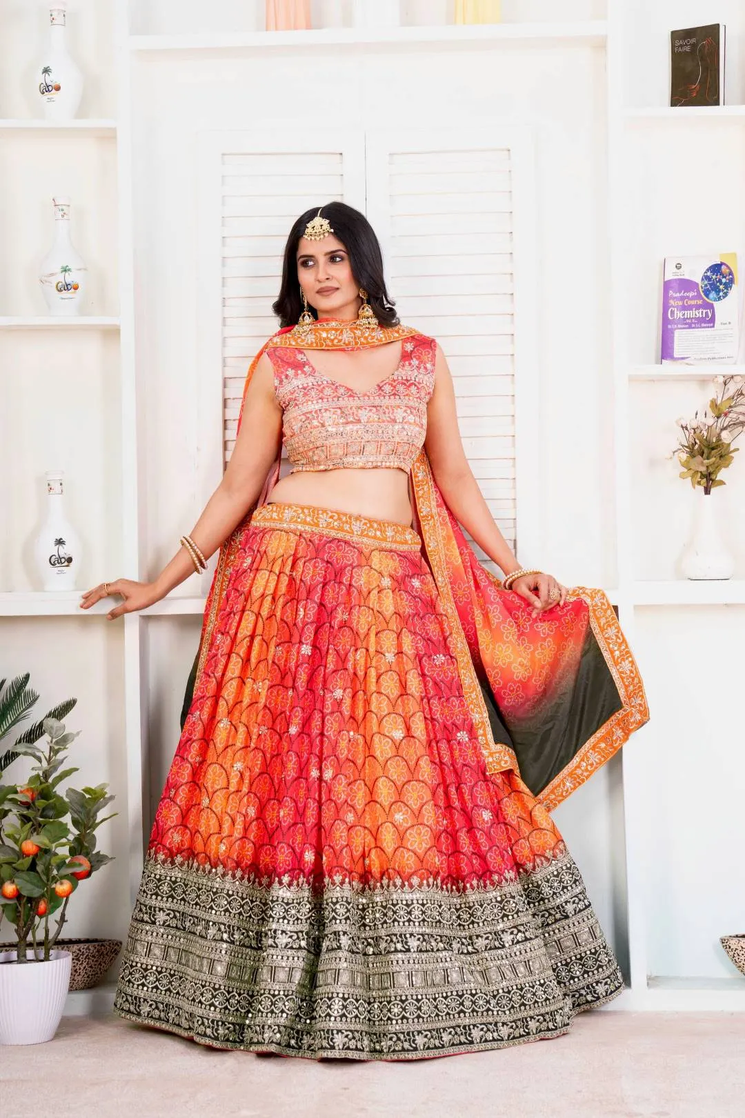 DKT 5020 Orange Pink Chinon Silk Zari Embroidery Wedding Lehenga Choli with Dupatta