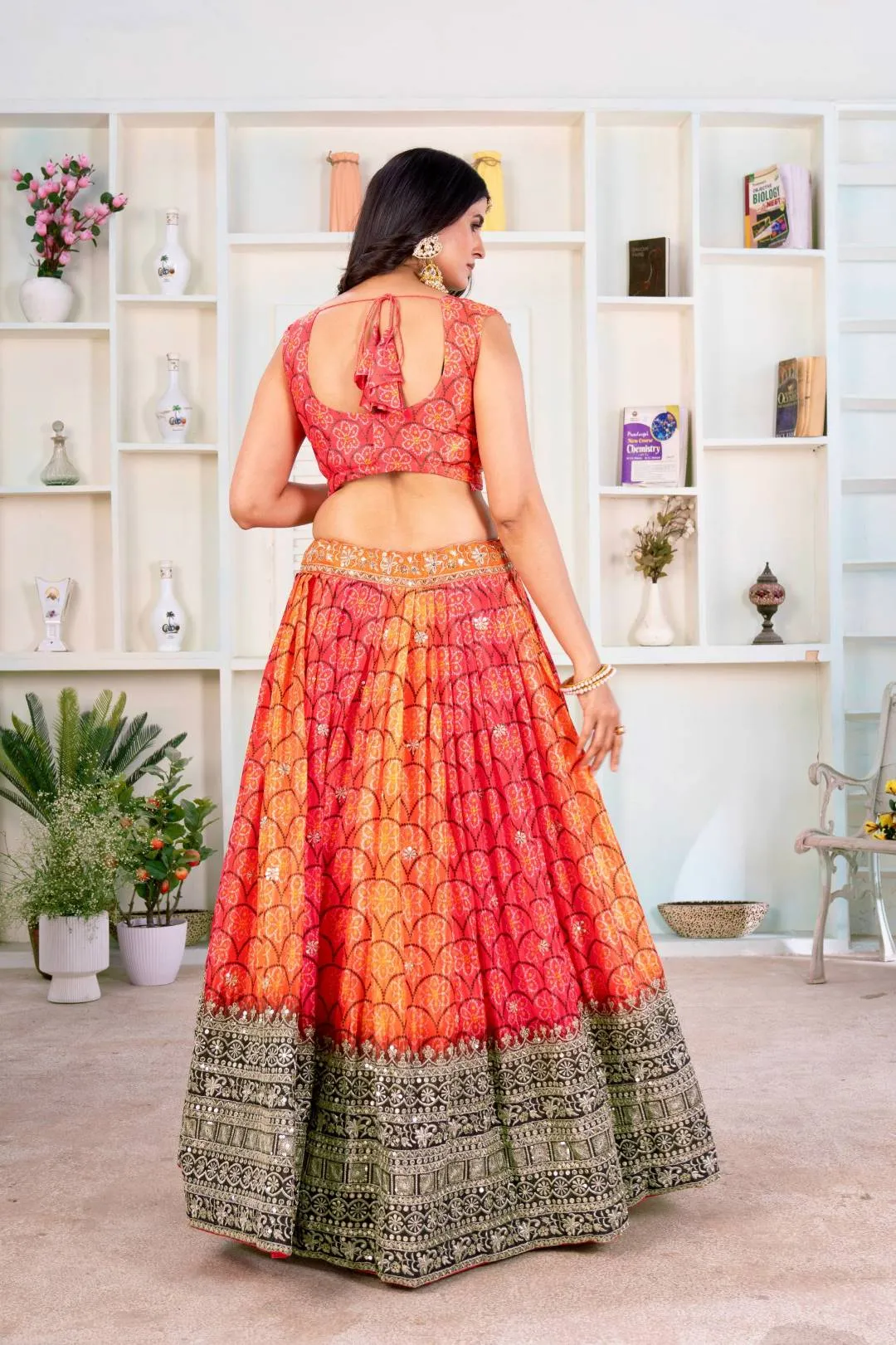 DKT 5020 Orange Pink Chinon Silk Zari Embroidery Wedding Lehenga Choli with Dupatta