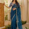 DKT 5032 Navy Blue Satin Silk Embroidery Saree for Raksha Bandhan & Wedding Wear