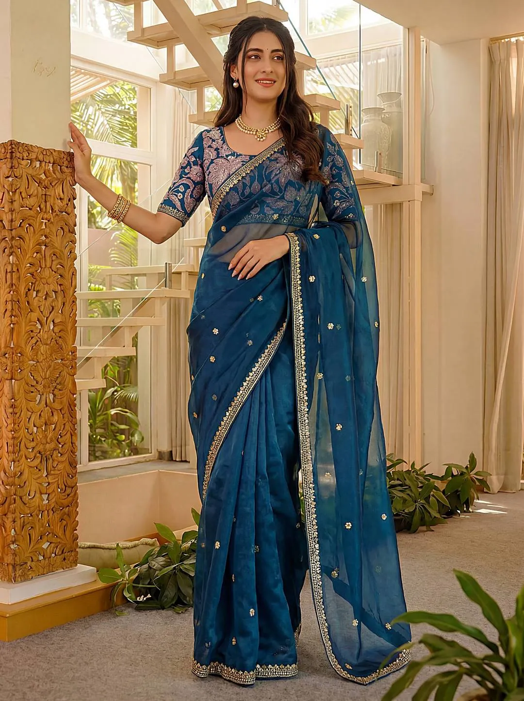 DKT 5032 Navy Blue Satin Silk Embroidery Saree for Raksha Bandhan & Wedding Wear