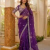 DKT 5032 Purple Satin Silk Embroidery Saree for Wedding, Party & Festive Wear