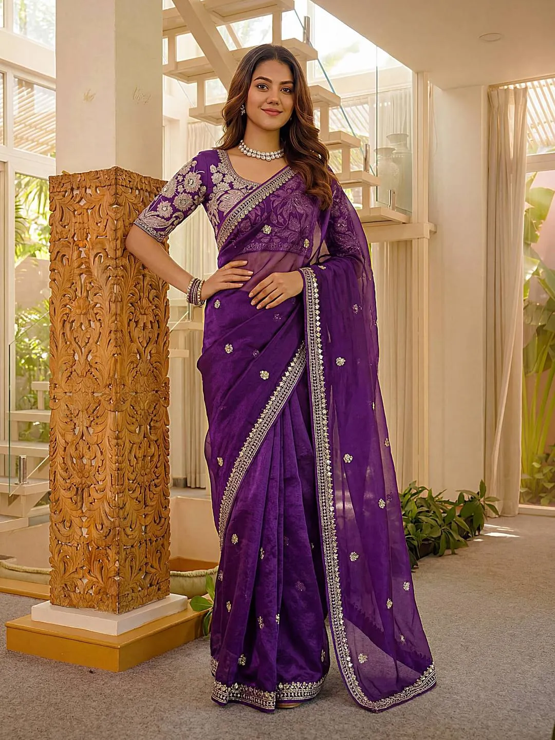 DKT 5032 Purple Satin Silk Embroidery Saree for Wedding, Party & Festive Wear