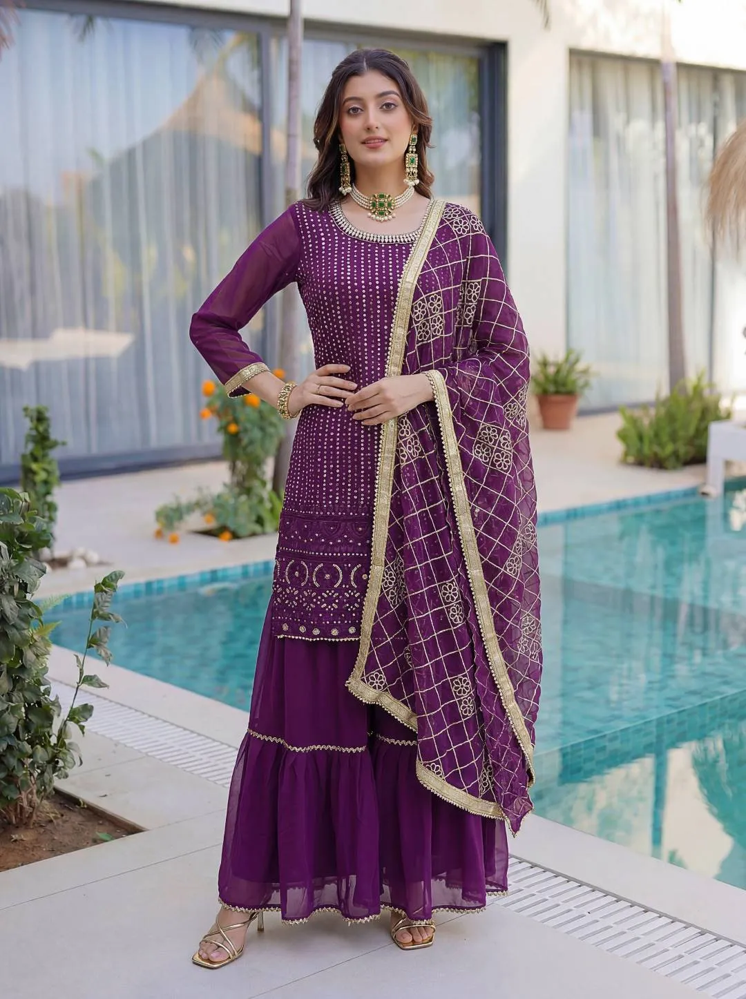 DKT 5065 Purple Georgette Embroidery Work Sharara Suit with Dupatta