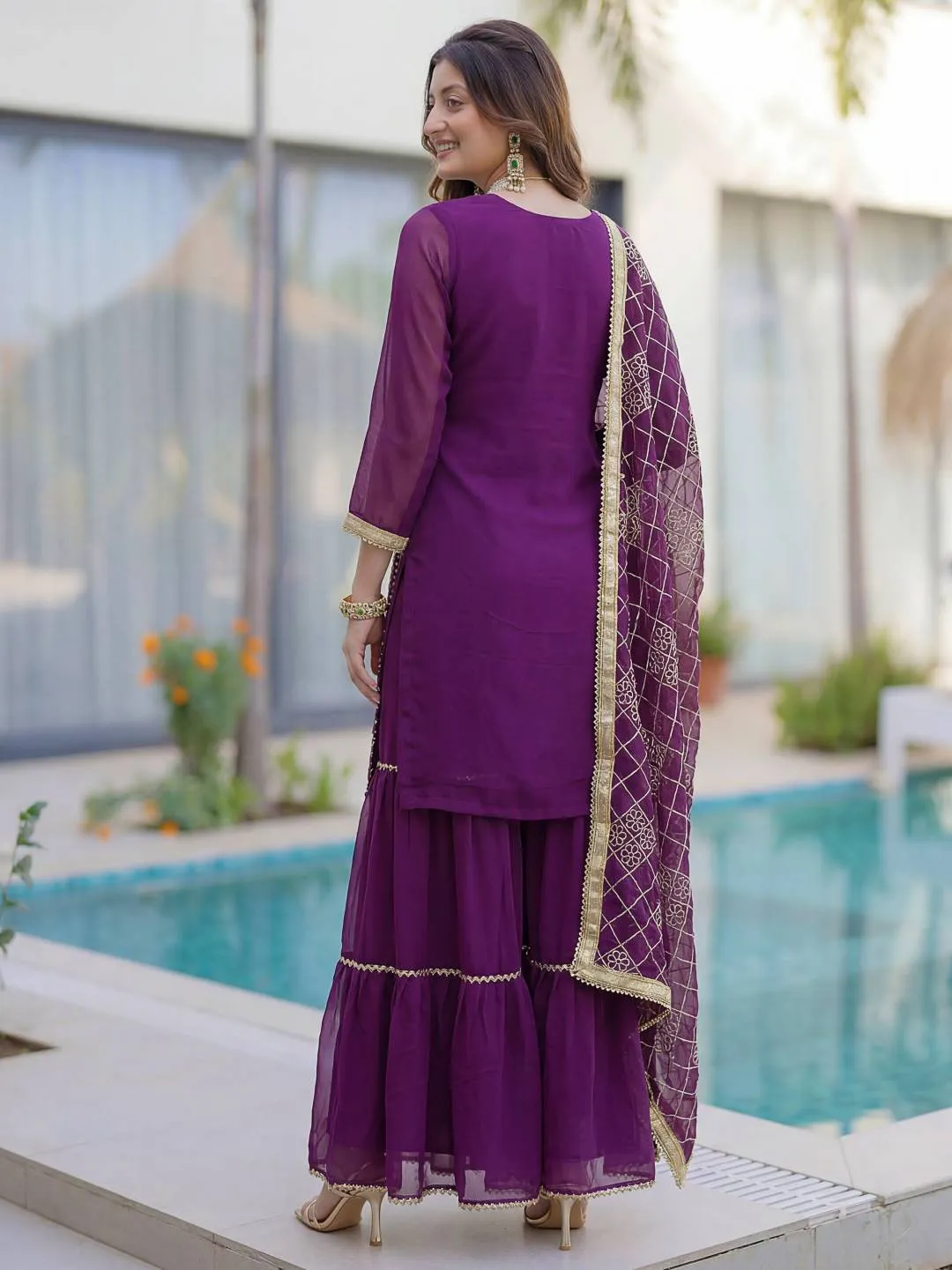 DKT 5065 Purple Georgette Embroidery Work Sharara Suit with Dupatta