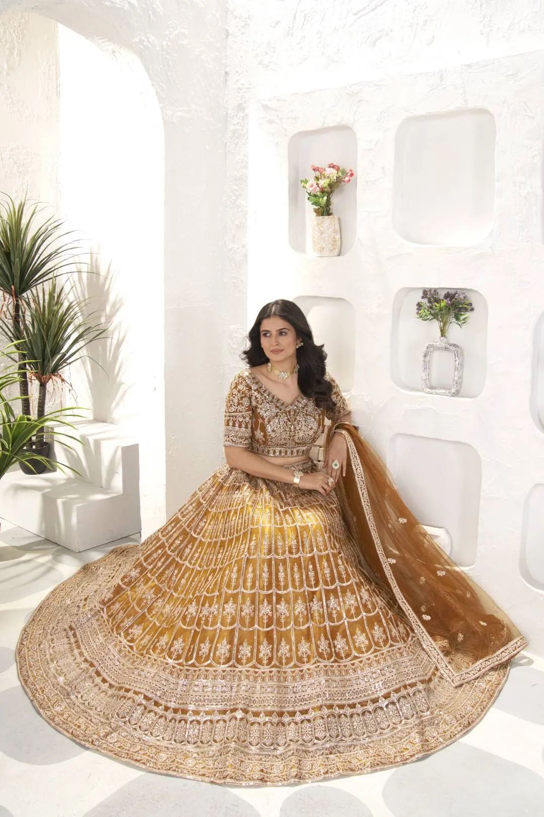 DKT 5082 Golden Brown Net Embroidery Sequins Work Bridal Lehenga Choli with Designer Dupatta