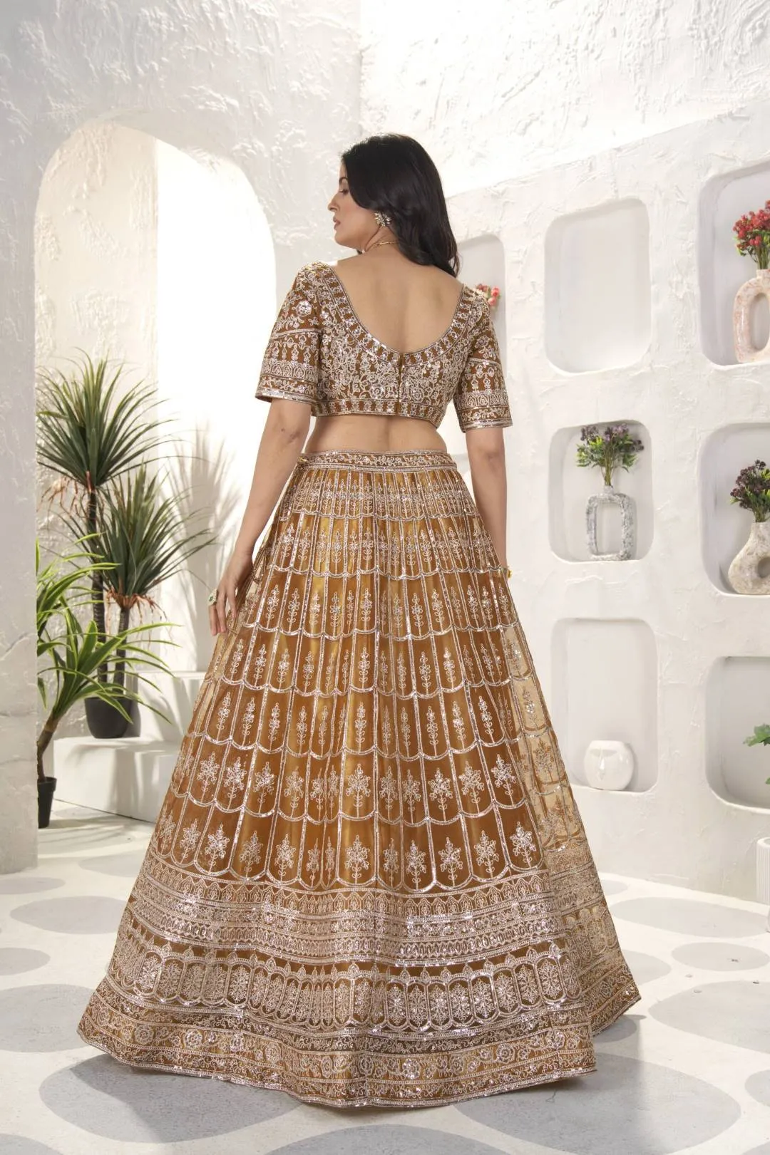 DKT 5082 Golden Brown Net Embroidery Sequins Work Bridal Lehenga Choli with Designer Dupatta
