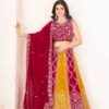 DKT 5104 Maroon Yellow Vichitra Silk Embroidered Thread Work Lehenga Choli with Dupatta