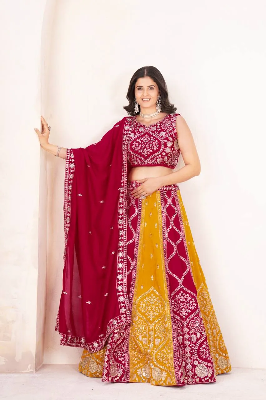 DKT 5104 Maroon Yellow Vichitra Silk Embroidered Thread Work Lehenga Choli with Dupatta