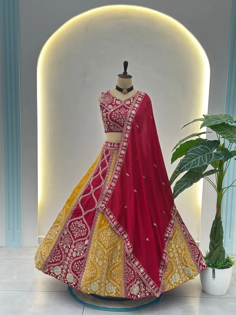 DKT 5104 Maroon Yellow Vichitra Silk Embroidered Thread Work Lehenga Choli with Dupatta