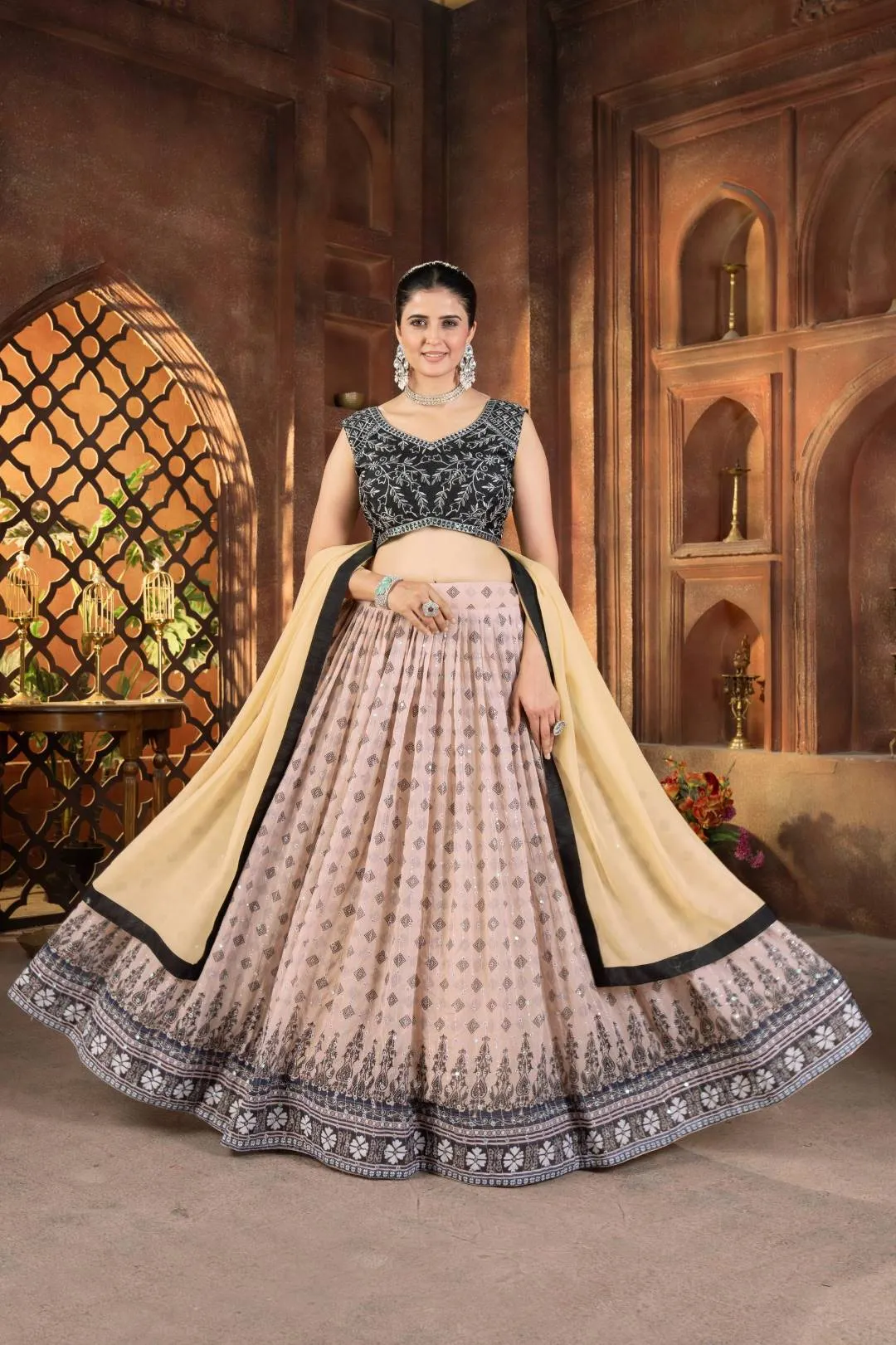 DKT 5107 Designer Cream Georgette Sequence Embroidery Lehenga Choli