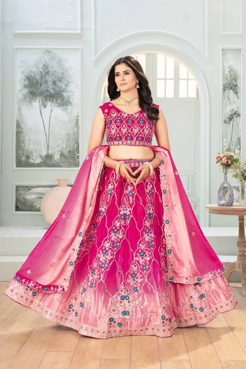 DKT 5117 Pink Chinon Silk Peddling Embroidery Wedding Lehenga Choli with Dupatta