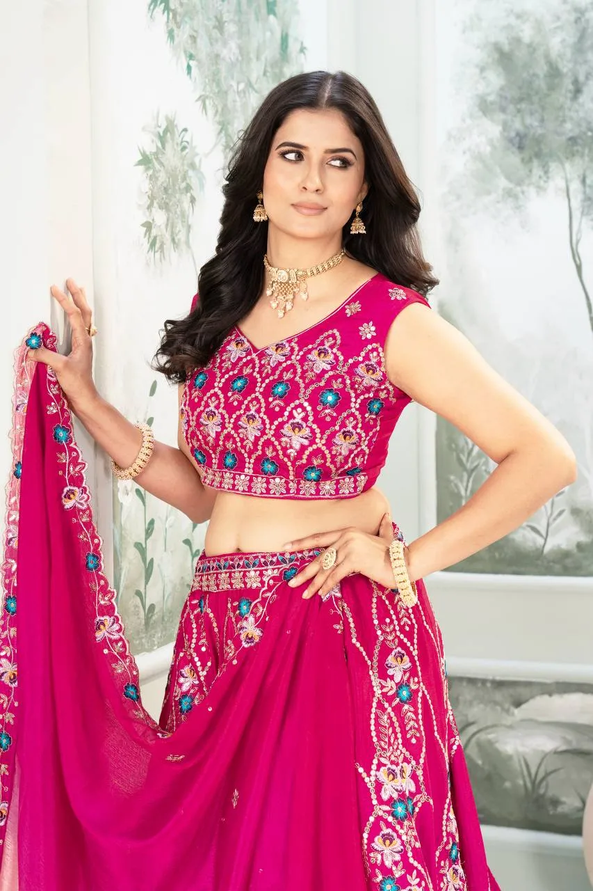 DKT 5117 Pink Chinon Silk Peddling Embroidery Wedding Lehenga Choli with Dupatta