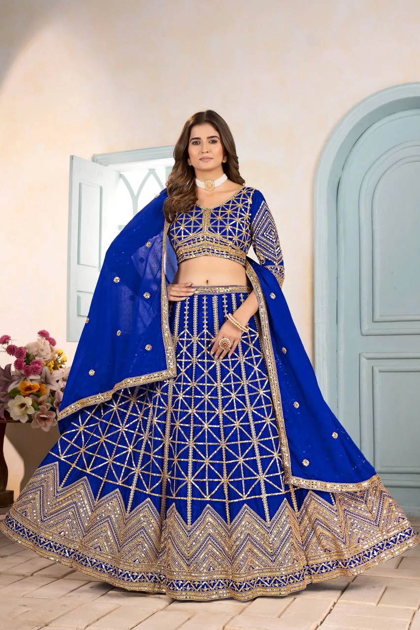 DKT 5124 Royal Blue Chinon Designer Sequins Embroidery Work Wedding Lehenga Choli with Dupatta