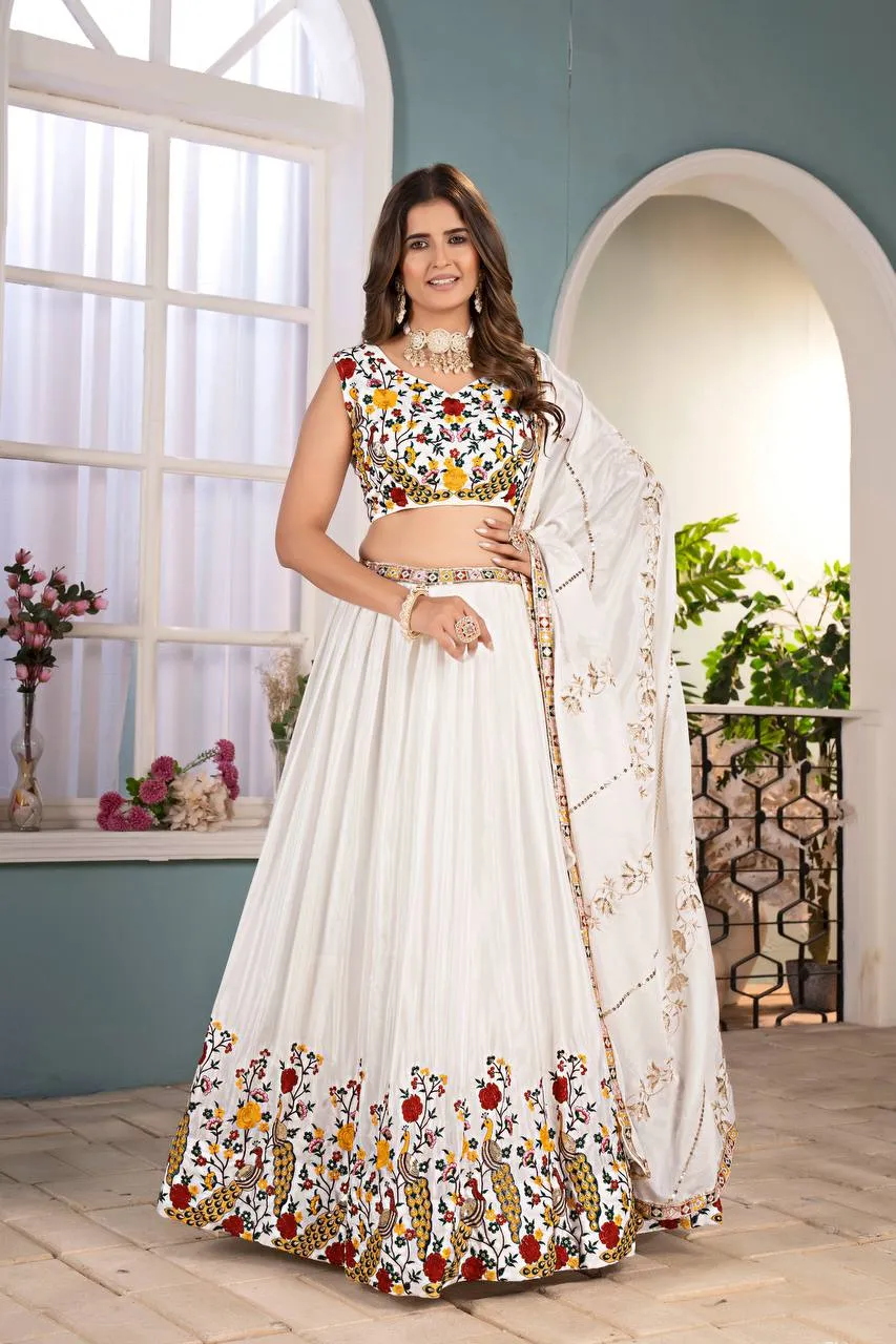 DKT 5127 White Chinon Silk Embroidered Festival Lehenga Choli with Peacock Border Dupatta