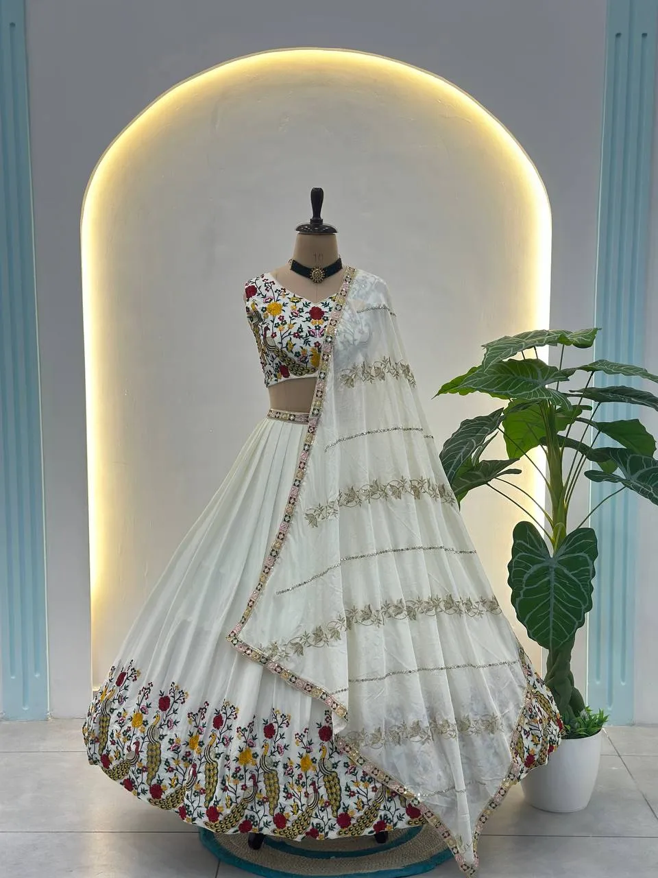 DKT 5127 White Chinon Silk Embroidered Festival Lehenga Choli with Peacock Border Dupatta