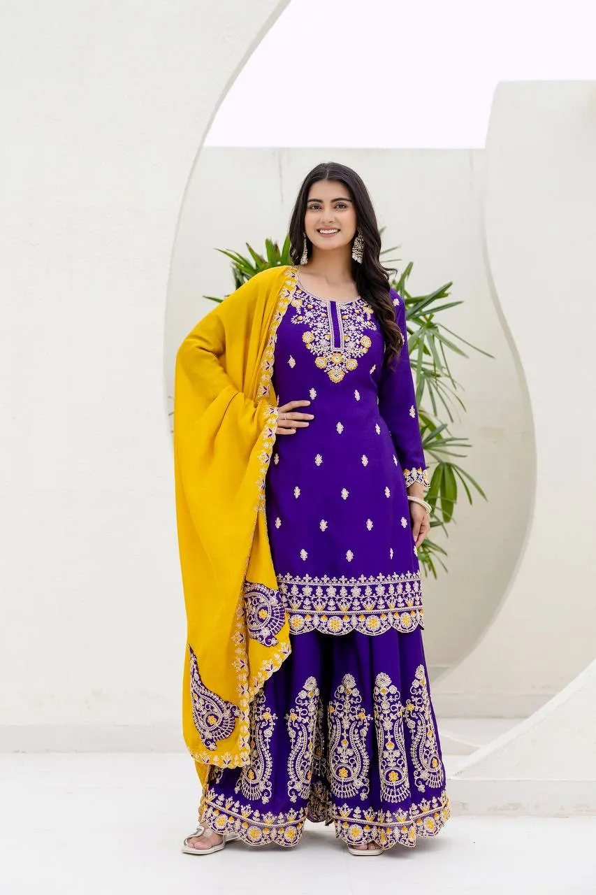 DKT 5129 Purple Chinon Silk Coding Embroidery Sharara Suit with Yellow Dupatta