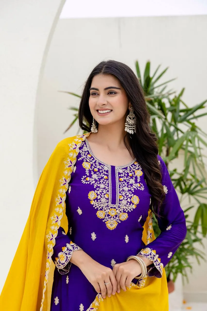 DKT 5129 Purple Chinon Silk Coding Embroidery Sharara Suit with Yellow Dupatta