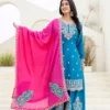 DKT 5129 Pink Chinon Silk Coding Embroidery Sharara Suit with Blue Dupatta