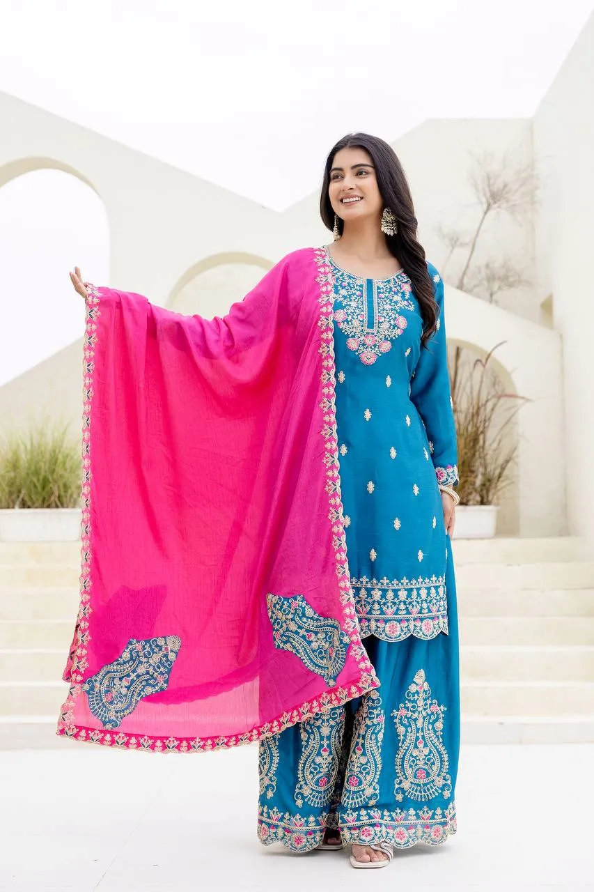 DKT 5129 Pink Chinon Silk Coding Embroidery Sharara Suit with Blue Dupatta