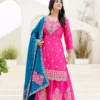DKT 5129 Pink Chinon Silk Coding Embroidery Sharara Suit with Blue Dupatta