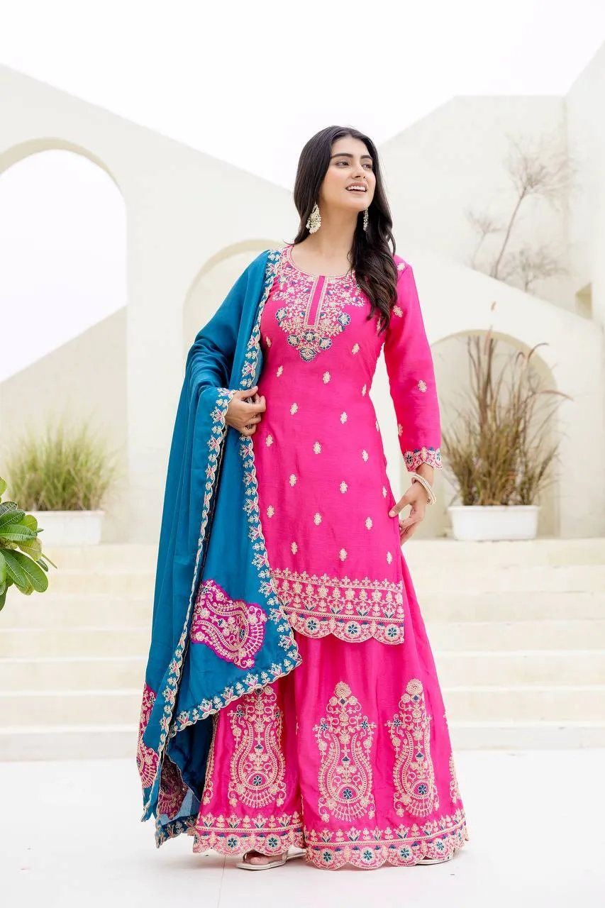 DKT 5129 Pink Chinon Silk Coding Embroidery Sharara Suit with Blue Dupatta